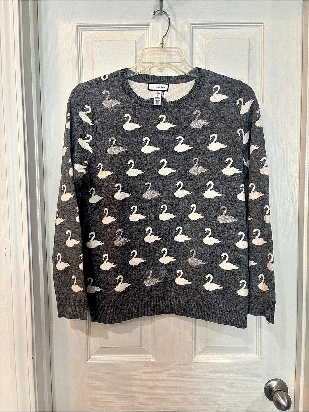 Charter Club Swan Print Metallic Crewneck Sweater Gray & White Large